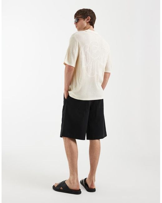 ASOS Natural Oversized Knitted Short Sleeve Crochet Notch Neck Polo With Seoul Embroidery for men