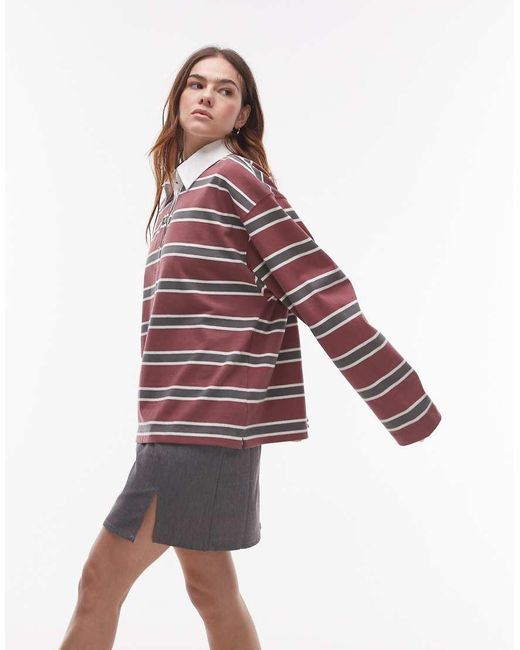 TOPSHOP Red Stripe Long Sleeve Rugby Polo Top