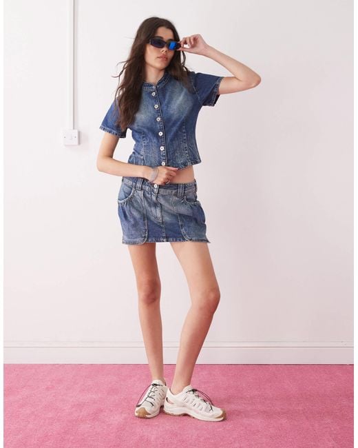 Collusion Blue Festival Denim Button Through Shirt Co Ord