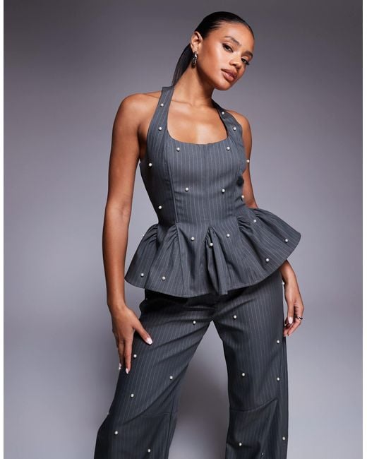 ASOS Blue Co-Ord Peplum Corset Top With Pearls