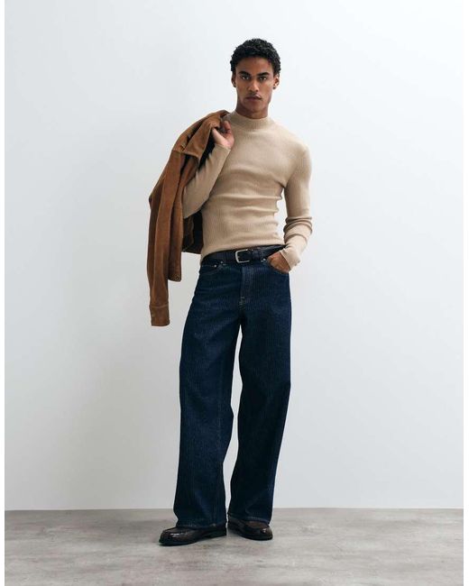 ASOS Blue Essential Micro Rib Muscle Fit Lightweight Knitted Turtle Neck Jumper for men