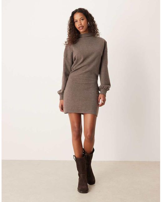 ASOS Natural Supersoft High Neck Balloon Sleeve Mini Dress