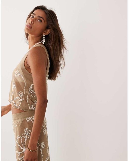Miss Selfridge Natural Beach Premium Sheer Knit Embroidered Crop Vest Top
