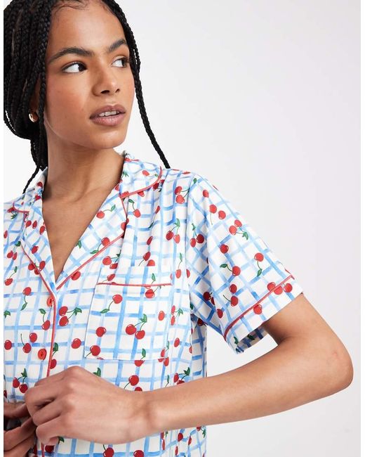 Threadbare Blue Button Down Super Soft Short Pyjama Set With Cherry Print