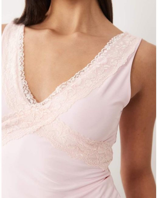 Fashionkilla Pink Exclusive Double Sculpted Slinky Lace Trim V Neck Vest Top