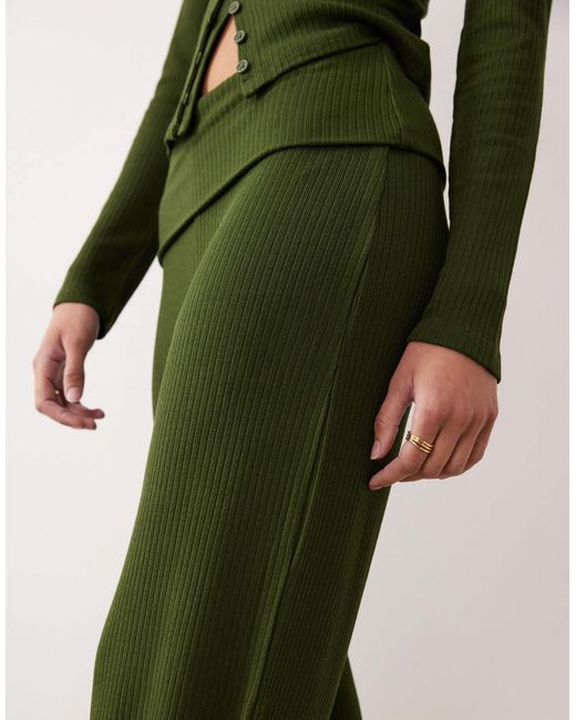 ASOS Green Co-ord Rib Fold Over Waist Trouser With Ruched Detail
