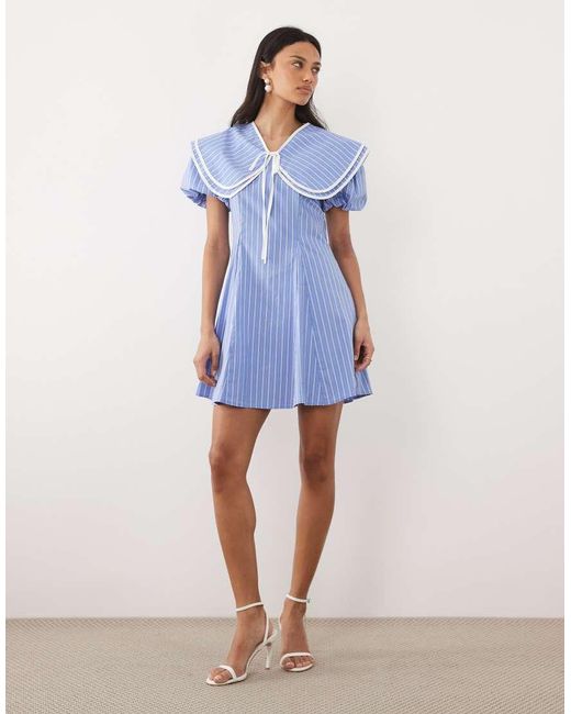 Sister Jane Blue Cotton-look Oversized Collar Puff Sleeve Mini Dress