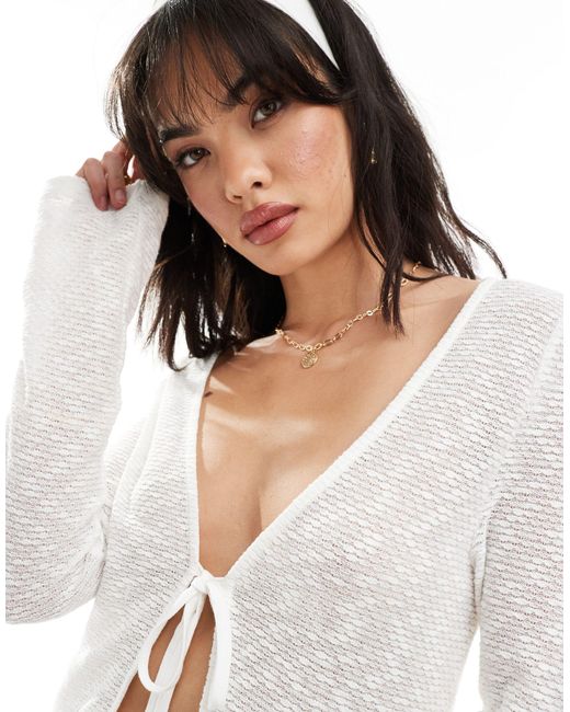 ASOS White Knit Look Tie Front Long Sleeve Cardigan