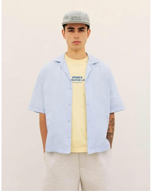 Pull&Bear Blue Striped Short Sleeve Shirt for men