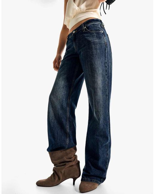 Bershka Blue Low-Rise Straight-Leg Jeans
