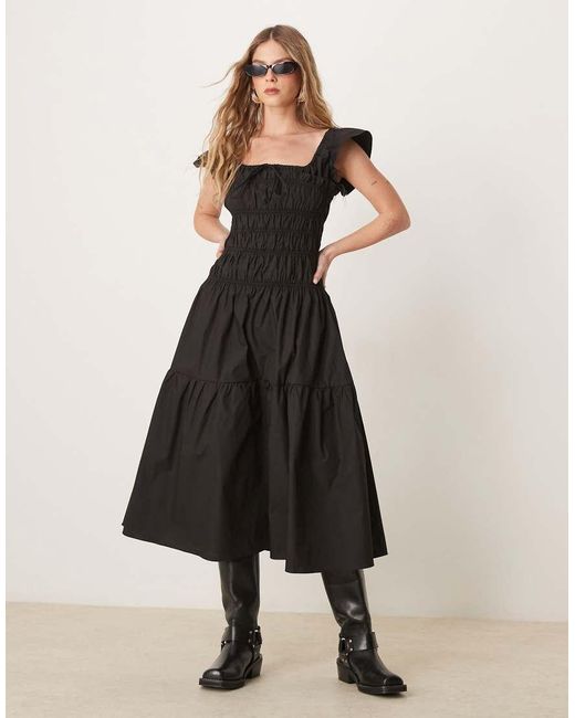 Glamorous Black Short Sleeve Shirred Poplin Midi Dress