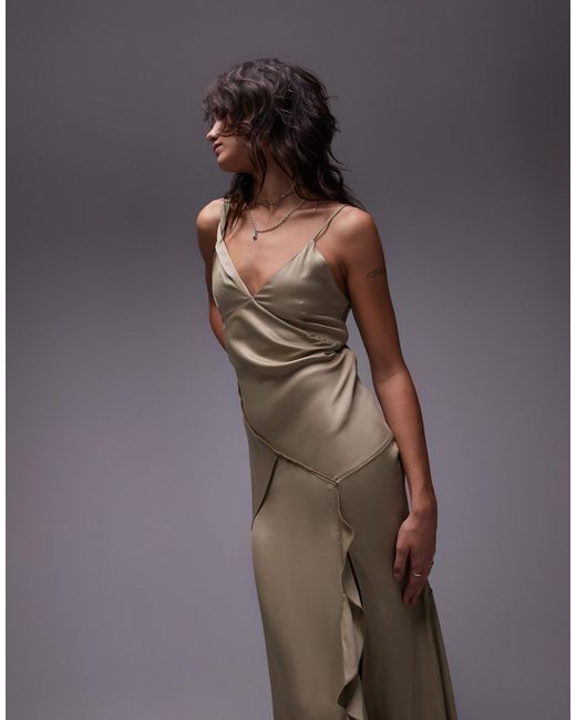 TOPSHOP Gray Twist Shoulder Exposed Seam Midi Slip Dress