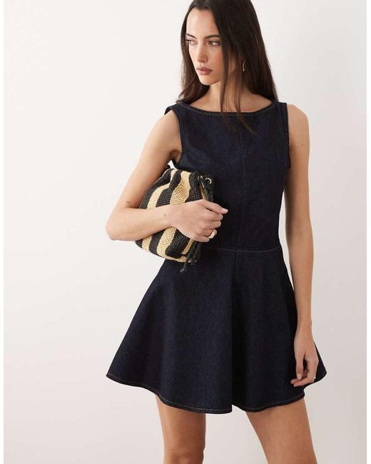 ASOS Blue Denim Slash Neck Flippy Mini Dress