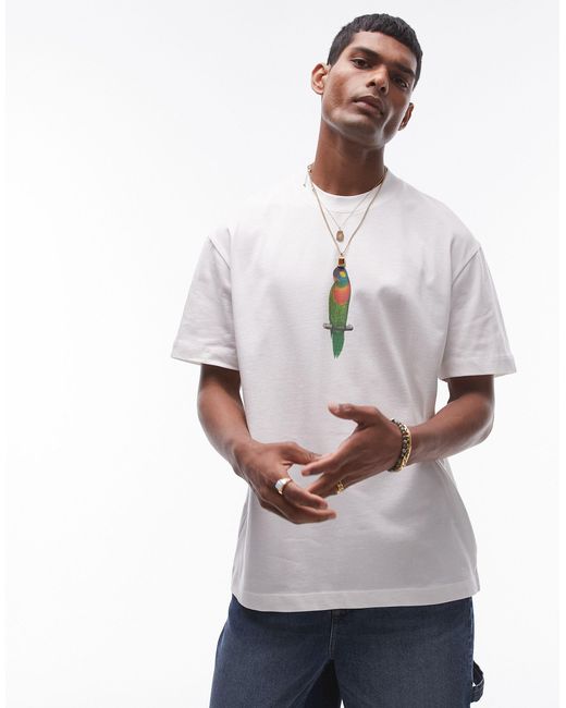 T-shirt oversize premium écru con stampa di pappagallino di Topman in Gray da Uomo