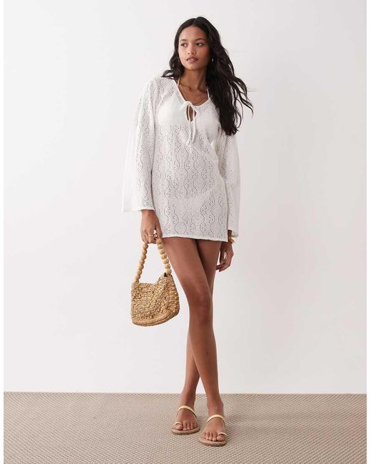 esmé studios White Knit Tie Front Mini Beach Dress Cover Up