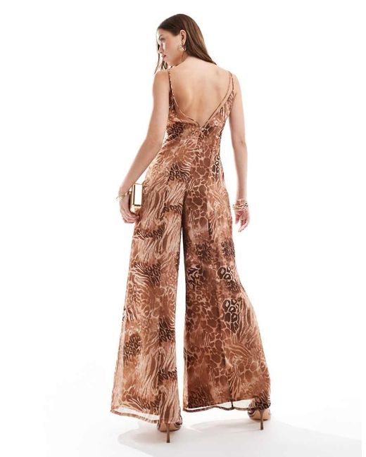 ASOS Brown V Neck Sheer Panel Chiffon Jumpsuit