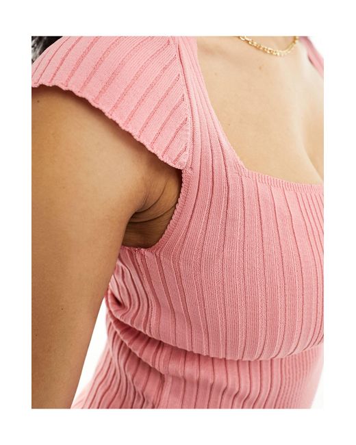 ASOS Pink Knitted Square Neck Fitted Cap Sleeve Top