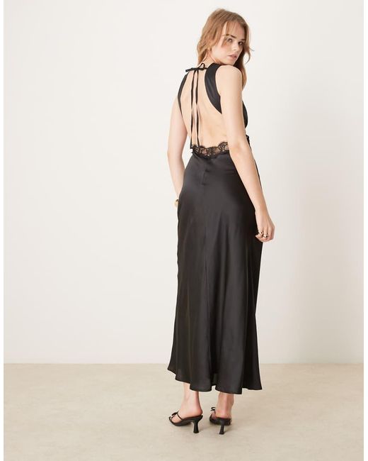 OMNES Black Aurelia Lace Trim Satin Maxi Dress