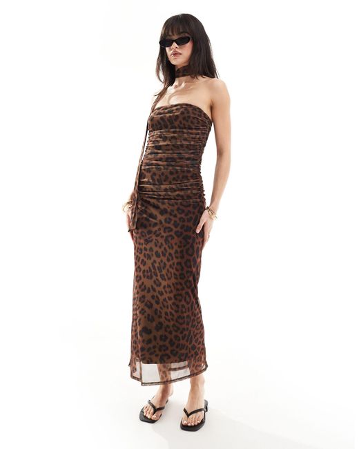 ASOS Brown Bandeau Ruched Mesh Midi Dress With Scarf