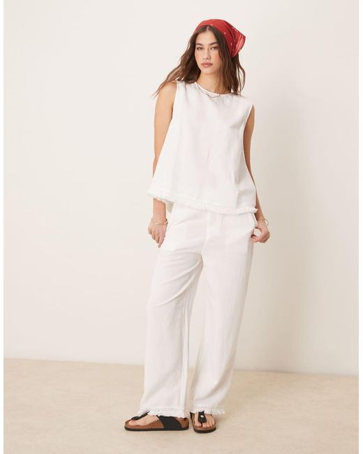 ASOS Natural Linen Blend Straight Leg Pants With Tassel Hem