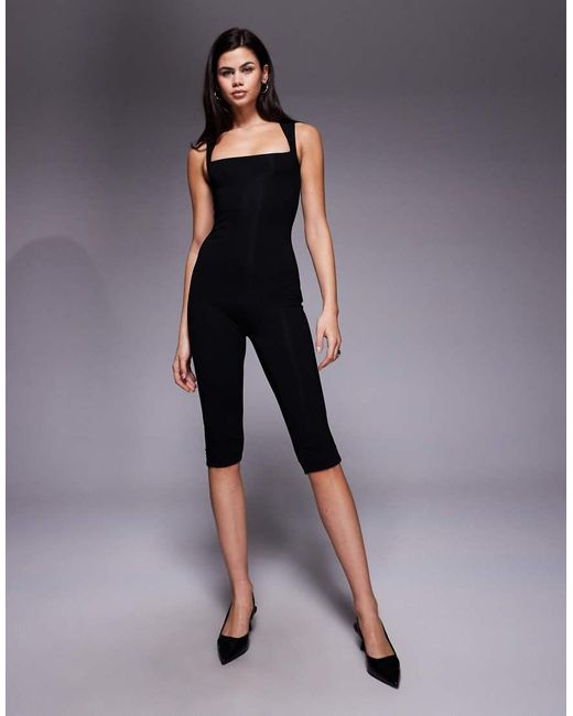 Oh Polly Black Square Neck Capri Jumpsuit
