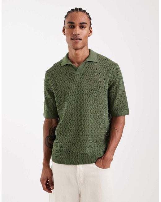 Only & Sons Green Open Knit Split Neck Polo for men