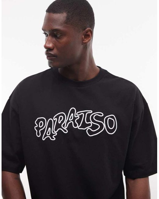ASOS Black Boxy Oversized T-shirt With Bubble Paraiso High Build Embroidery for men