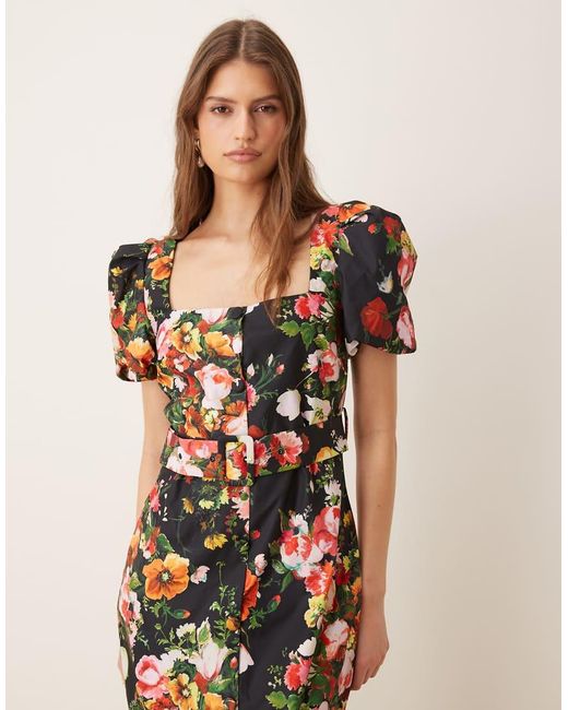 Hope & Ivy Natural Stretch Square Neck Belted Midi Dress