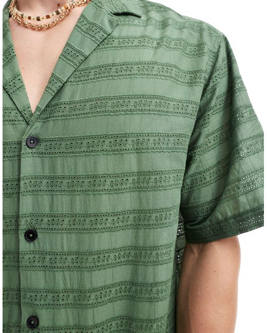 ASOS Green Short Sleeve Boxy Oversized Revere Collar Broderie Shirt for men