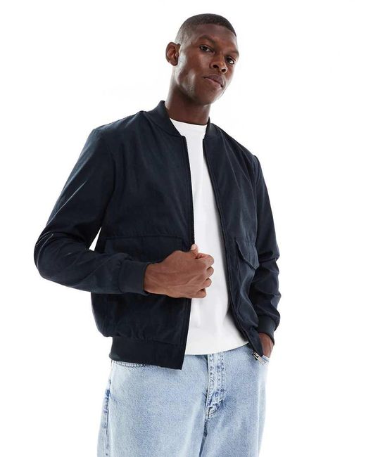 Brave Soul Blue Borg Lined Short Bomber Jacket for men