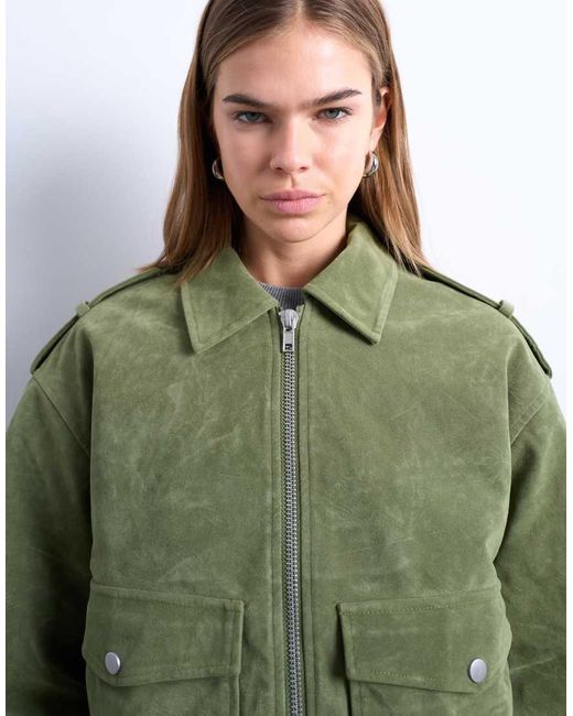TOPSHOP Green Faux Suede Quilted Lined Bomber Jacket With Popper Details