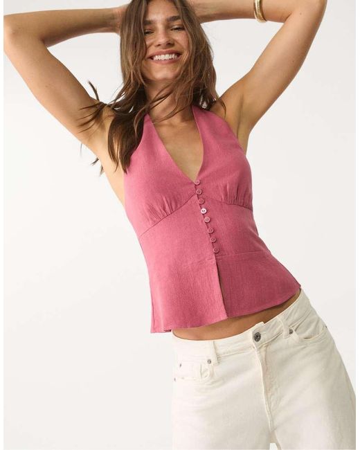 Stradivarius Haltertop Van Linnenmix Met Knopen in het Pink
