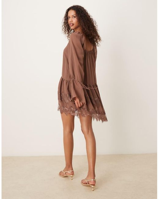 ASOS Natural Long Sleeve Sweetheart Neckline Frilly Mini Dress