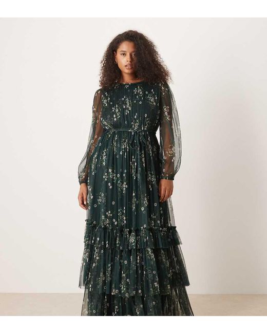 Lace & Beads Plus Green High Neck Long Sleeve Tulle Maxi Dress