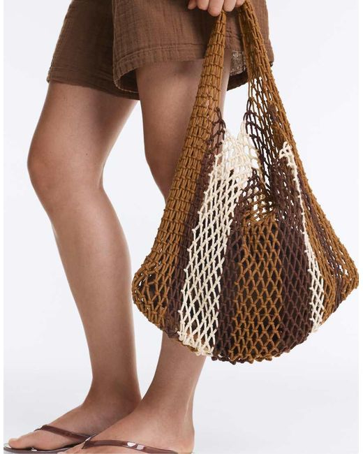 Oysho Brown Striped Net Shoulder Bag