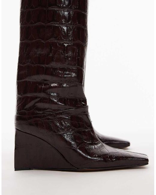 ASOS Black Clarissa Premium Leather Wedge Pull On Boots With Chisel Toe