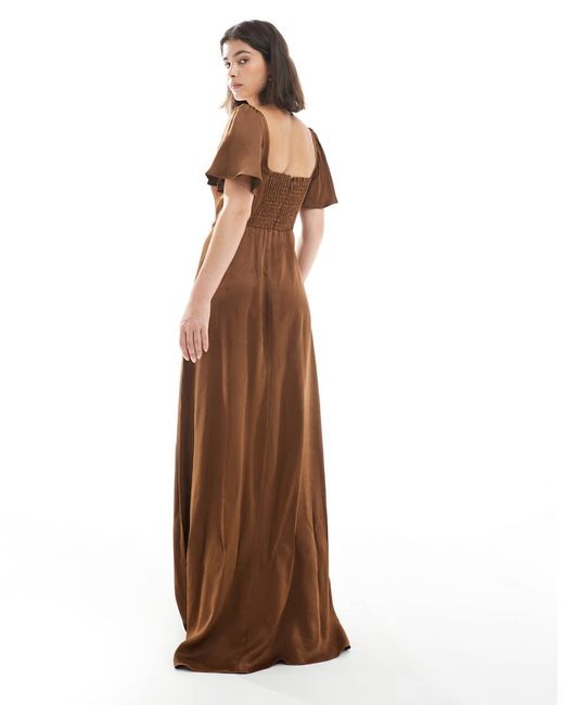 Maids To Measure Brown Bridesmaid Square Neck Flutter Sleeve Maxi Dress