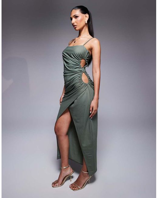 ASOS Green Linen Look Drapey Cami Midaxi Dress With Channeled Cut Out Detail
