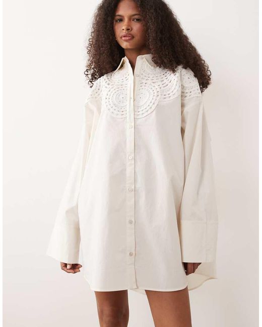ASOS Natural Crochet Detail Mini Shirt Dress