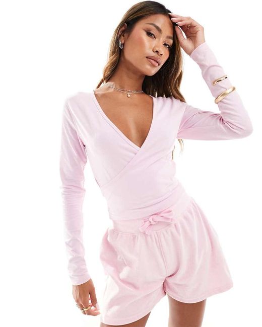 Kaiia Pink Wrap Detail Long Sleeve Top