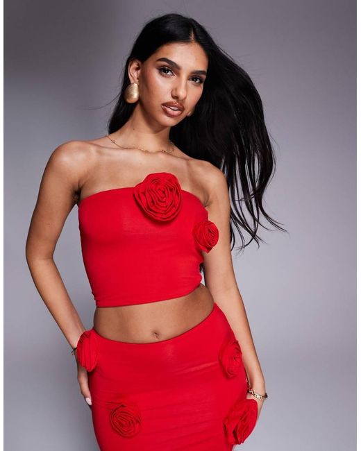 Wanderdoll Red Posie Sculpting Second Skin Corsage Detail Bandeau Crop Top