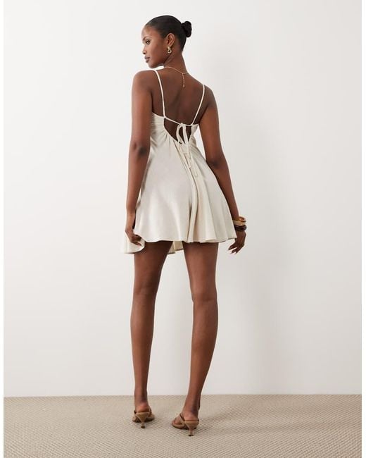 The Frolic White Exclusive Linen Look Square Neck Cinched Open Back Detail Floaty Mini Dress