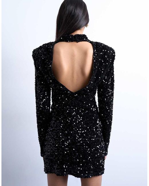 TOPSHOP White Long Sleeve Velvet Sequin Mini Dress With Shoulder Pads
