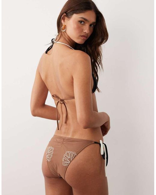 ASOS Brown Cornelia Rio Tie Side Bikini Bottom With Ruched Bum And Embroidery Detail