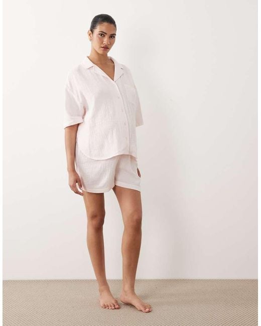 ASOS Pink Asos Design Maternity Cotton Gauze Short Sleeve Shirt And Short Pyjama Set