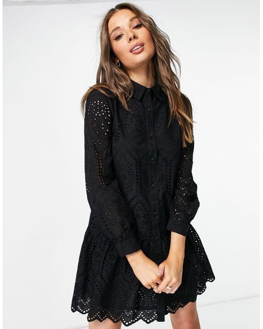 Lipsy Broderie Smock Shirt Dress in Black | Lyst Canada