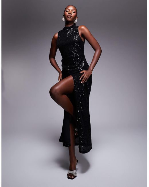 Robe mi-longue à sequins avec col montant et jupe torsadée - noir ASOS en coloris Black