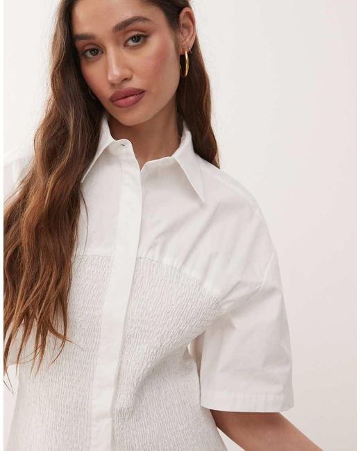 Amy Lynn Natural Smocked Shirt Mini Dress With Shirred Bodice