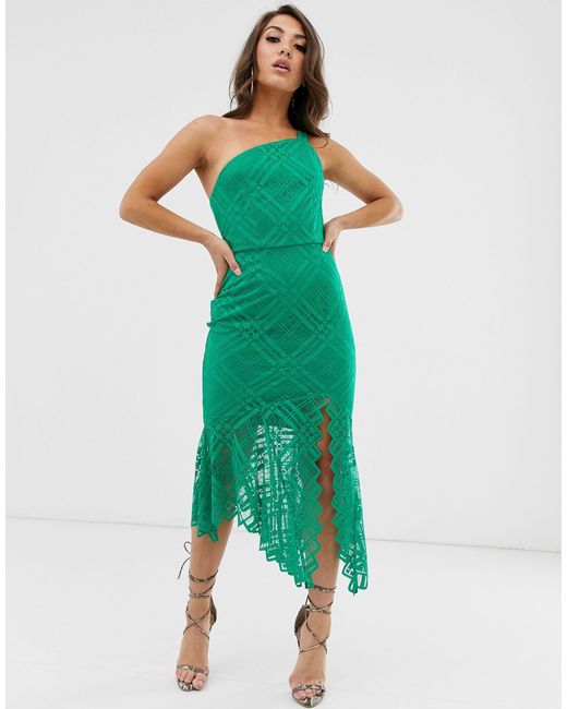 ASOS Green One Shoulder Grid Lace Midi Dress
