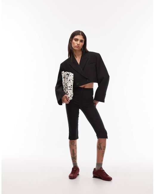 ASOS Black Double Breasted Crop Boxy Blazer With Shoulder Pads